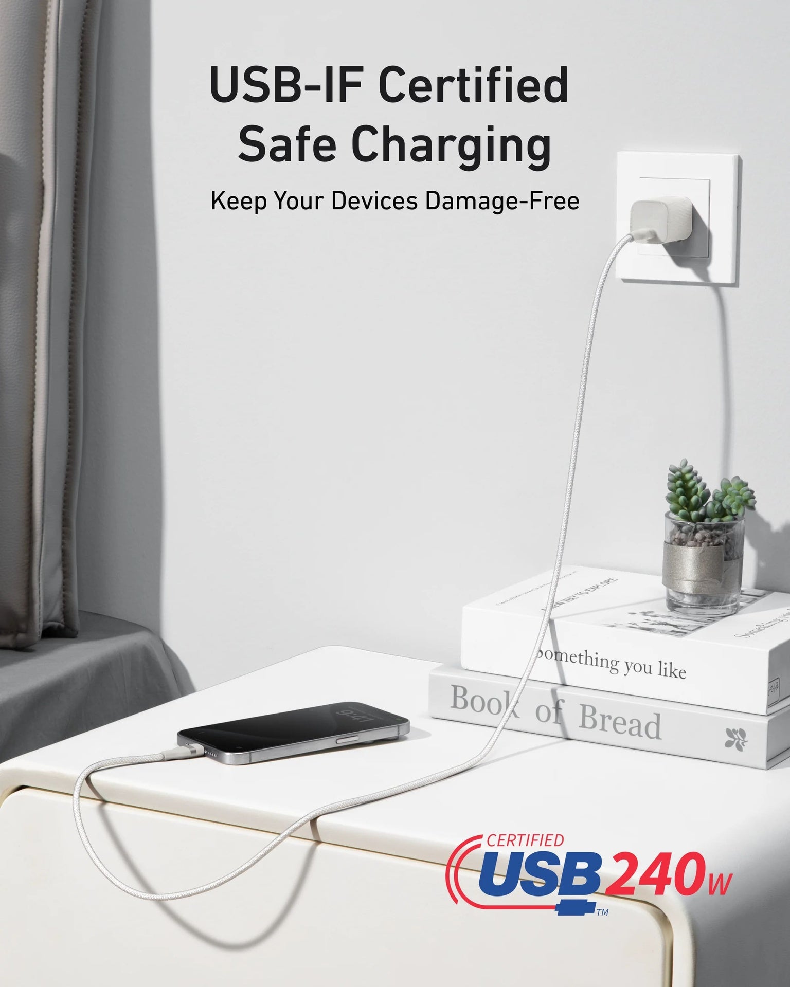 كابل Anker USB-C إلى USB-C بقوة 240 واط (مُعاد تدويره - مضفر) (1.8 متر/6 قدم) - أبيض