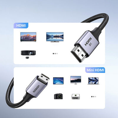 UGREEN كابل ميني HDMI إلى HDMI بدقة 8K طول 2 متر أسود - HD163