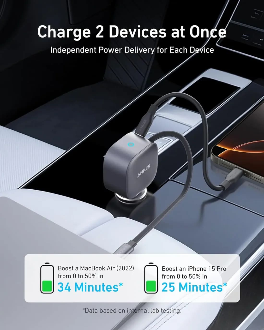 شاحن سيارة أنكر نانو (75 واط، منفذ USB-C، كابل USB-C مدمج قابل للسحب) - فضي