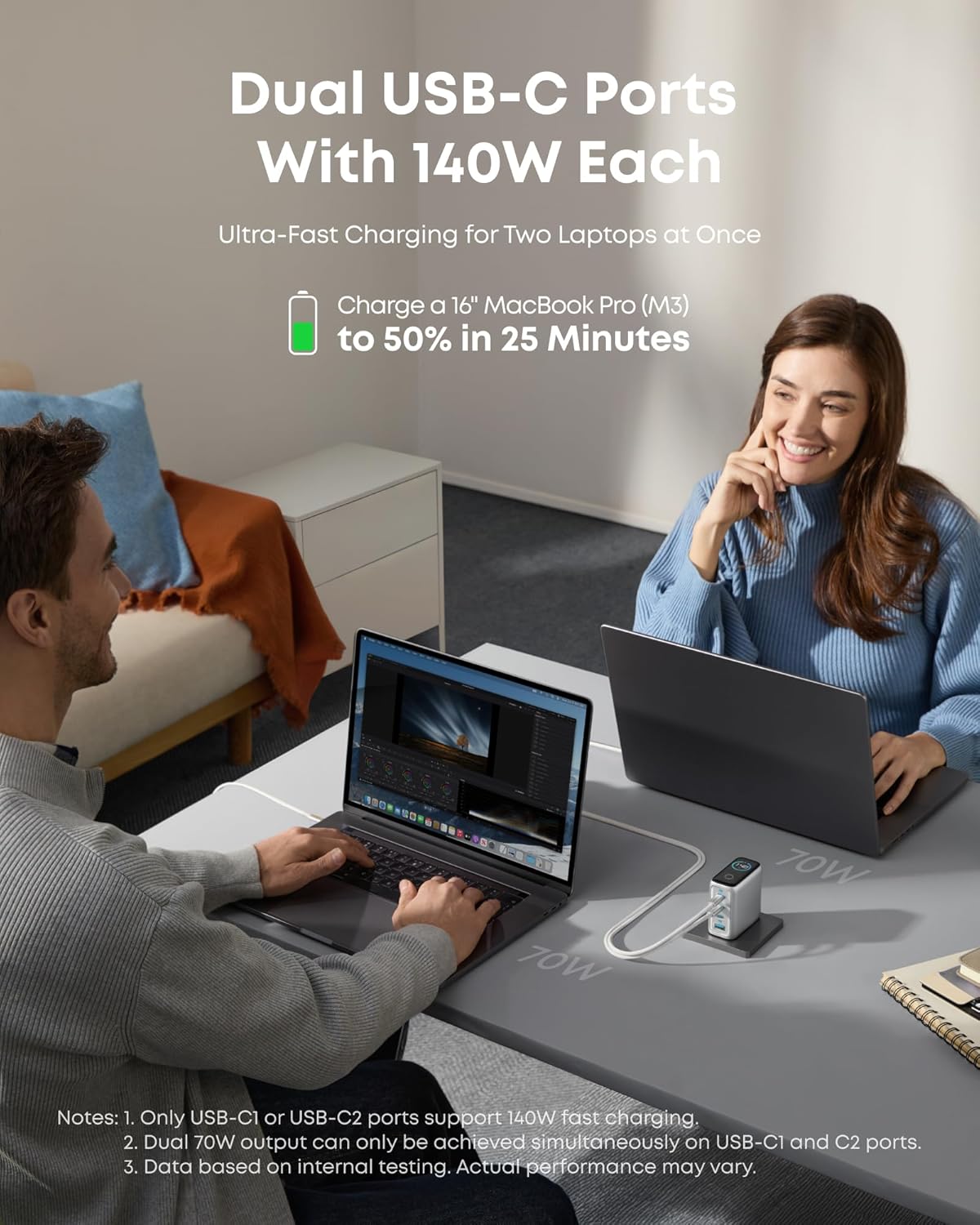 شاحن أنكر (140 واط، 4 منافذ، PD 3.1) مع كابل USB-C - فضي
