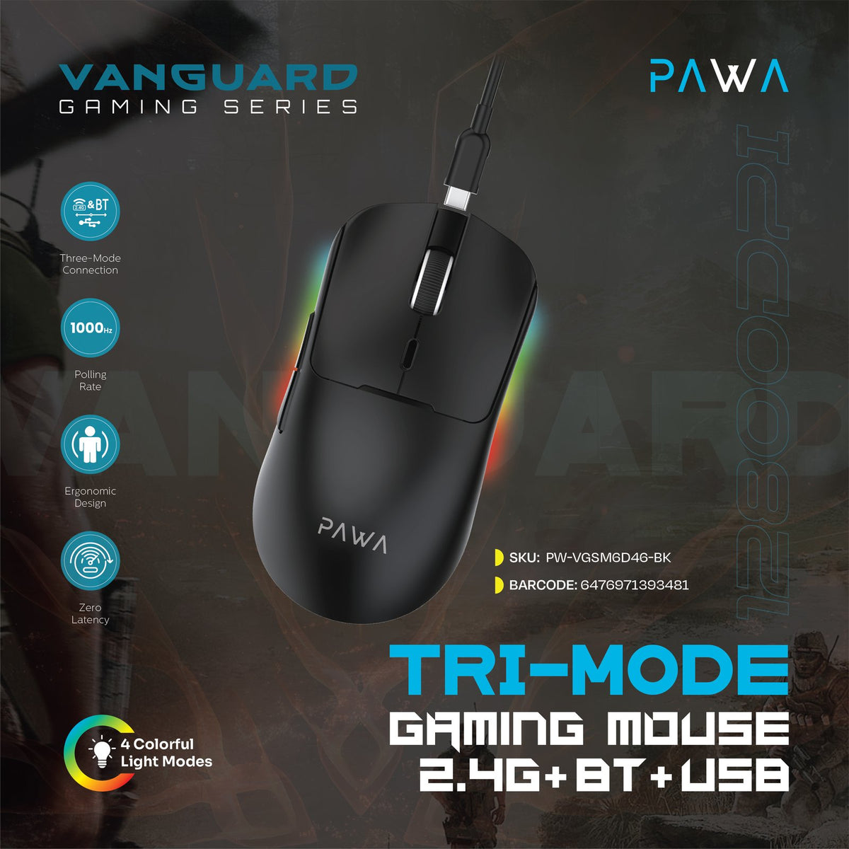 PAWA ماوس ألعاب ثلاثي الوضع 2.4G + BT + USB - أسود