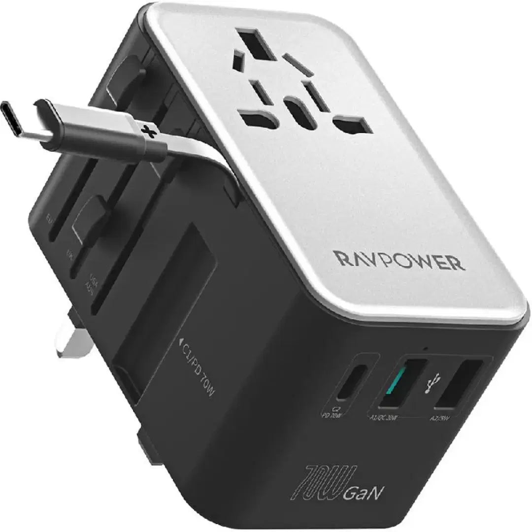 RAVPower RP-PC1061 GaN PD70W Travel charger with retractable C-C cable black