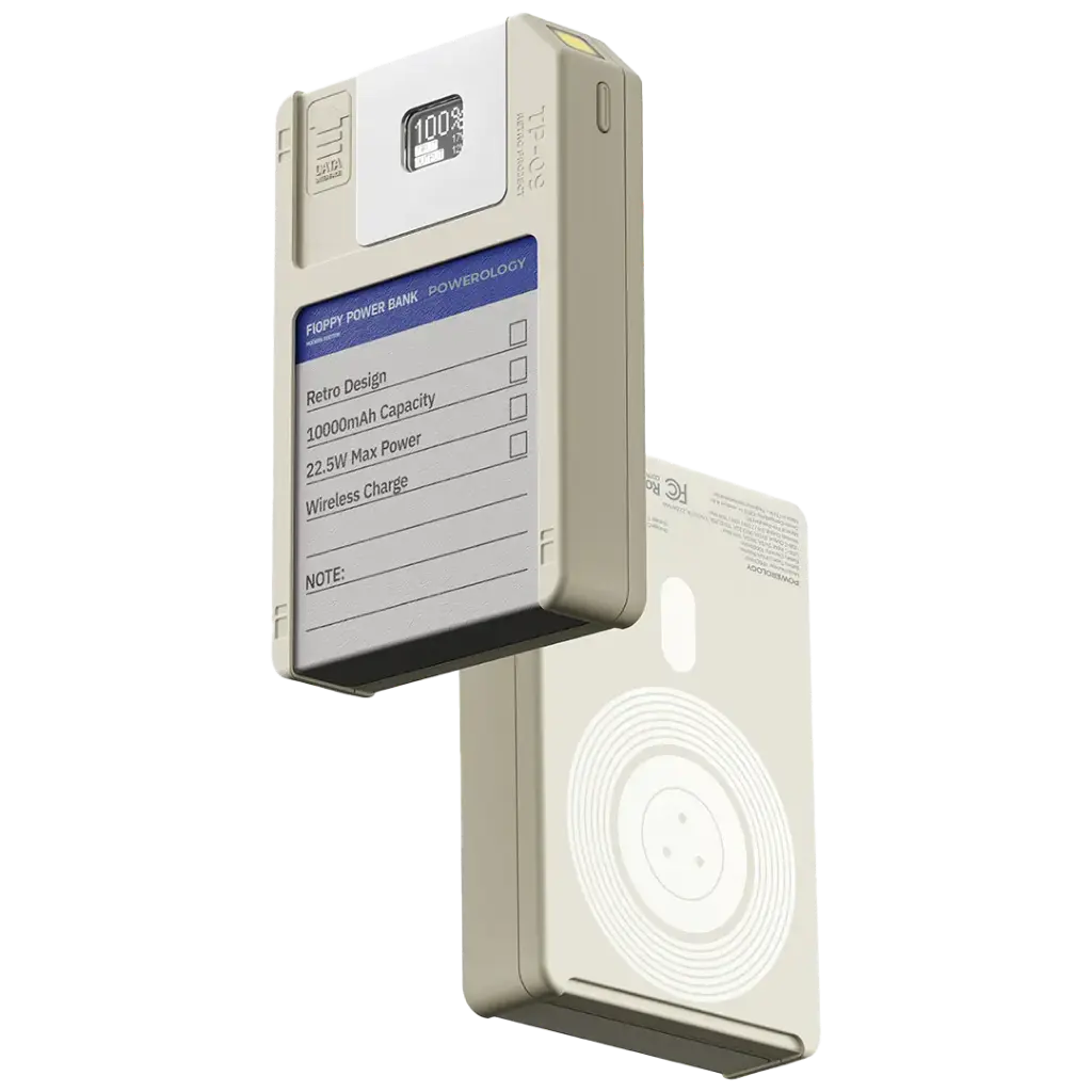 Powerology بطارية متنقلة Floppydisk بتصميم ريترو 10000 مللي أمبير مع MagSafe - أبيض