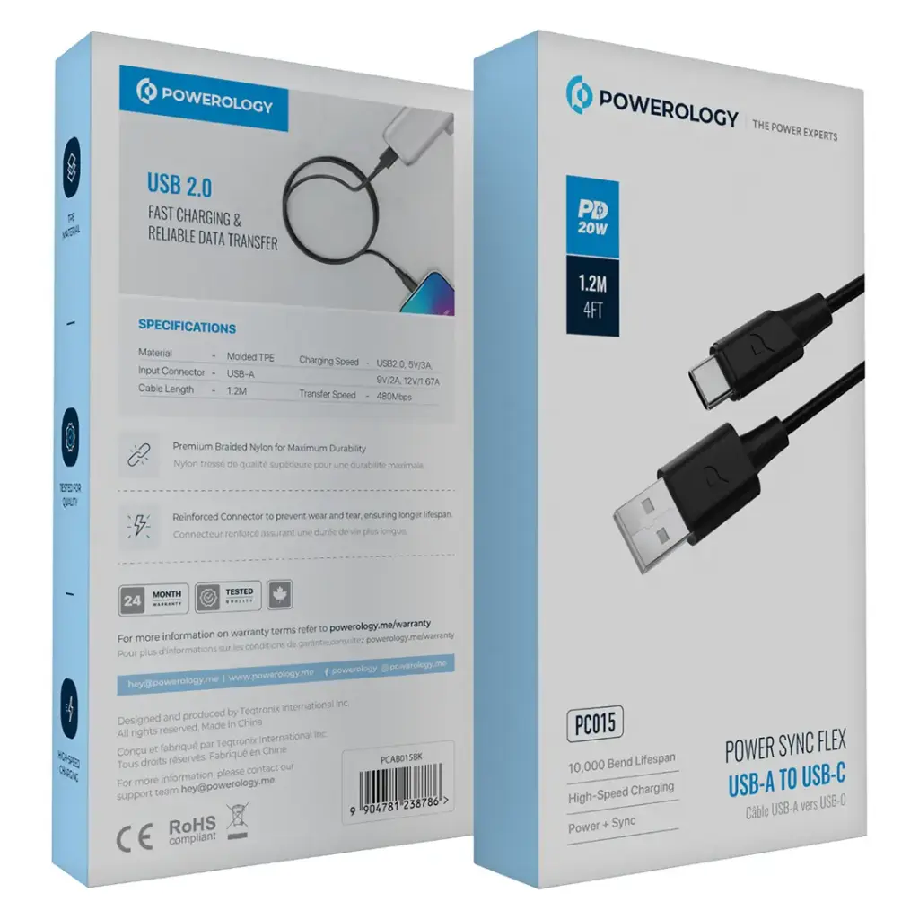 Powerology Power Sync Flex كابل USB-A إلى USB-C بطول 2 متر بقوة 20 واط - أسود