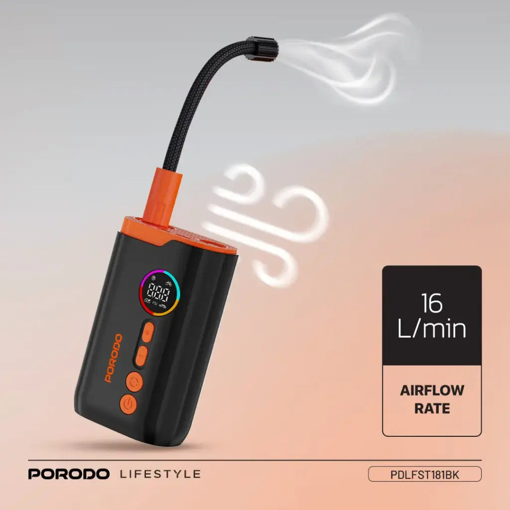 Porodo Lifestyle 55W Portable Tire Inflator 150 PSI Black
