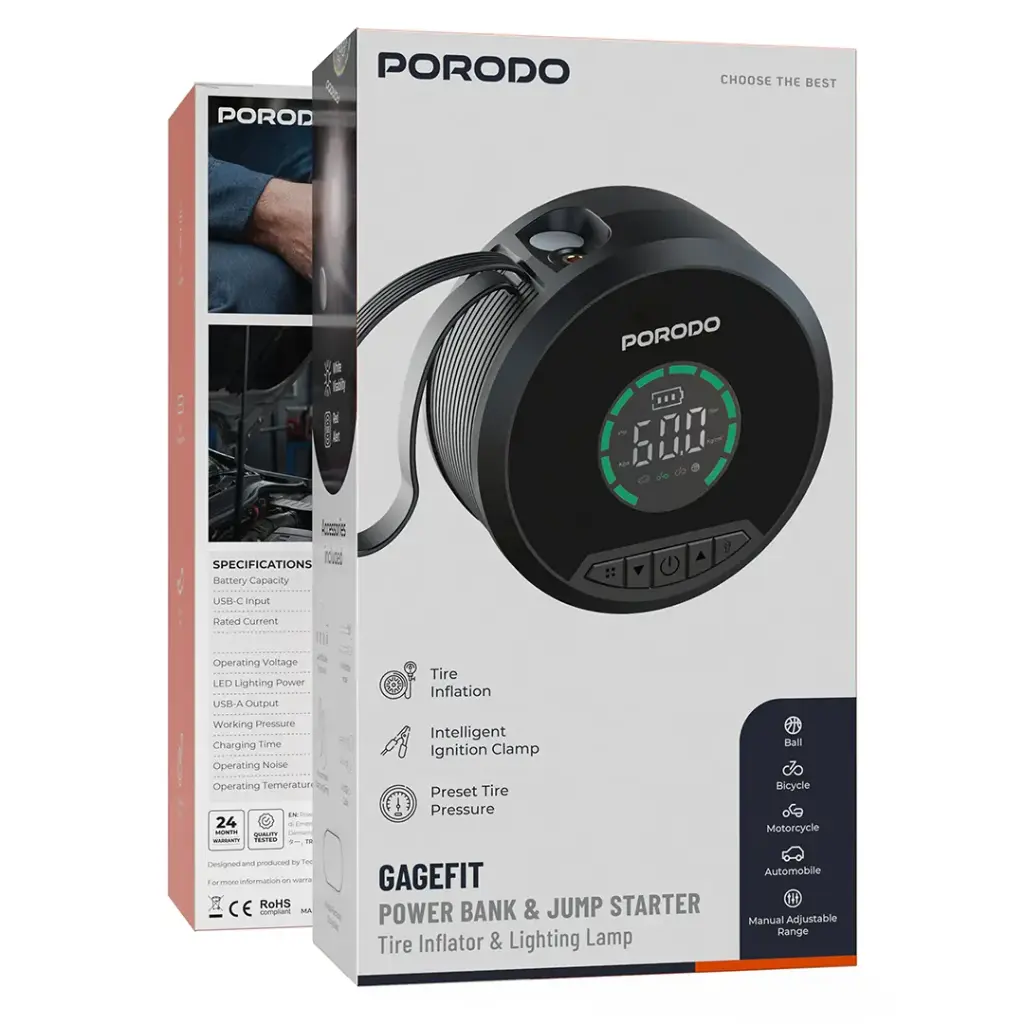 Porodo Gagefit Power Bank & Jump Starter 8000mAh Black