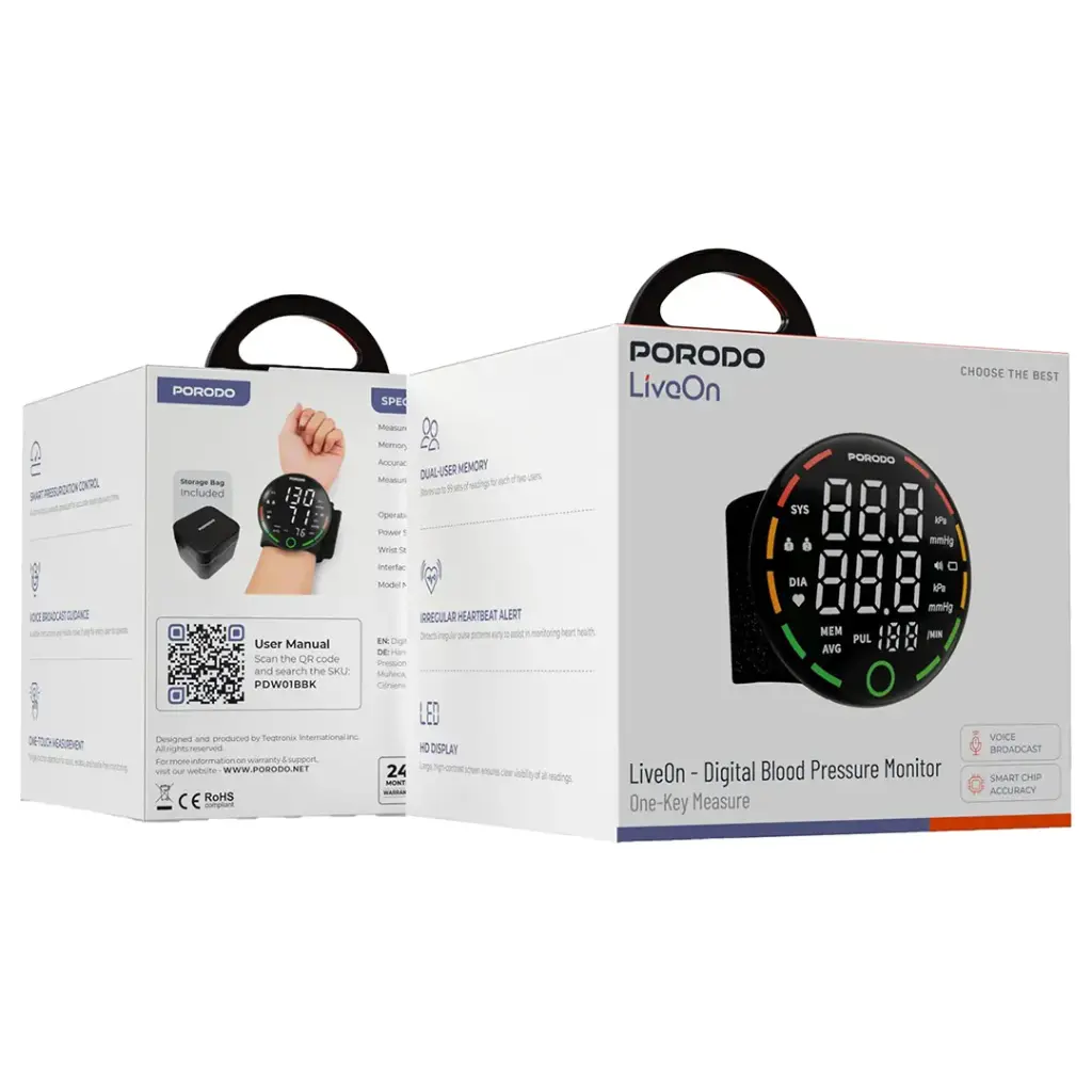 Porodo LiveOn Digital Blood Pressure Monitor One-Key Black