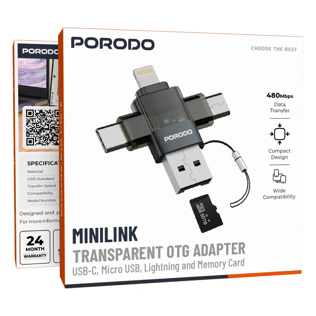 Porodo MINILINK محول OTG شفاف 3 في 1 بمنافذ USB-C وMicro USB وLightning - رمادي