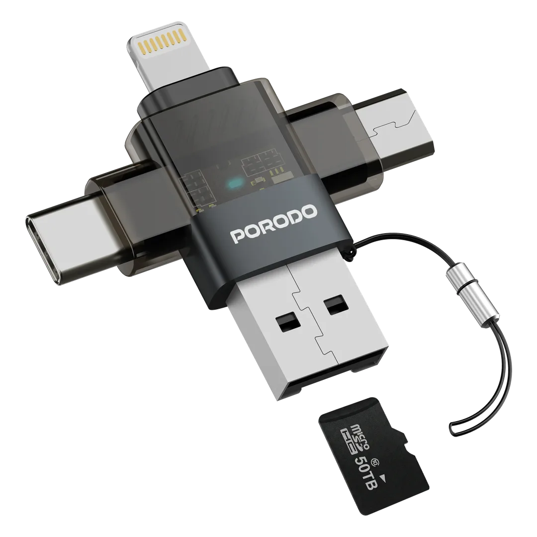 Porodo MINILINK محول OTG شفاف 3 في 1 بمنافذ USB-C وMicro USB وLightning - رمادي