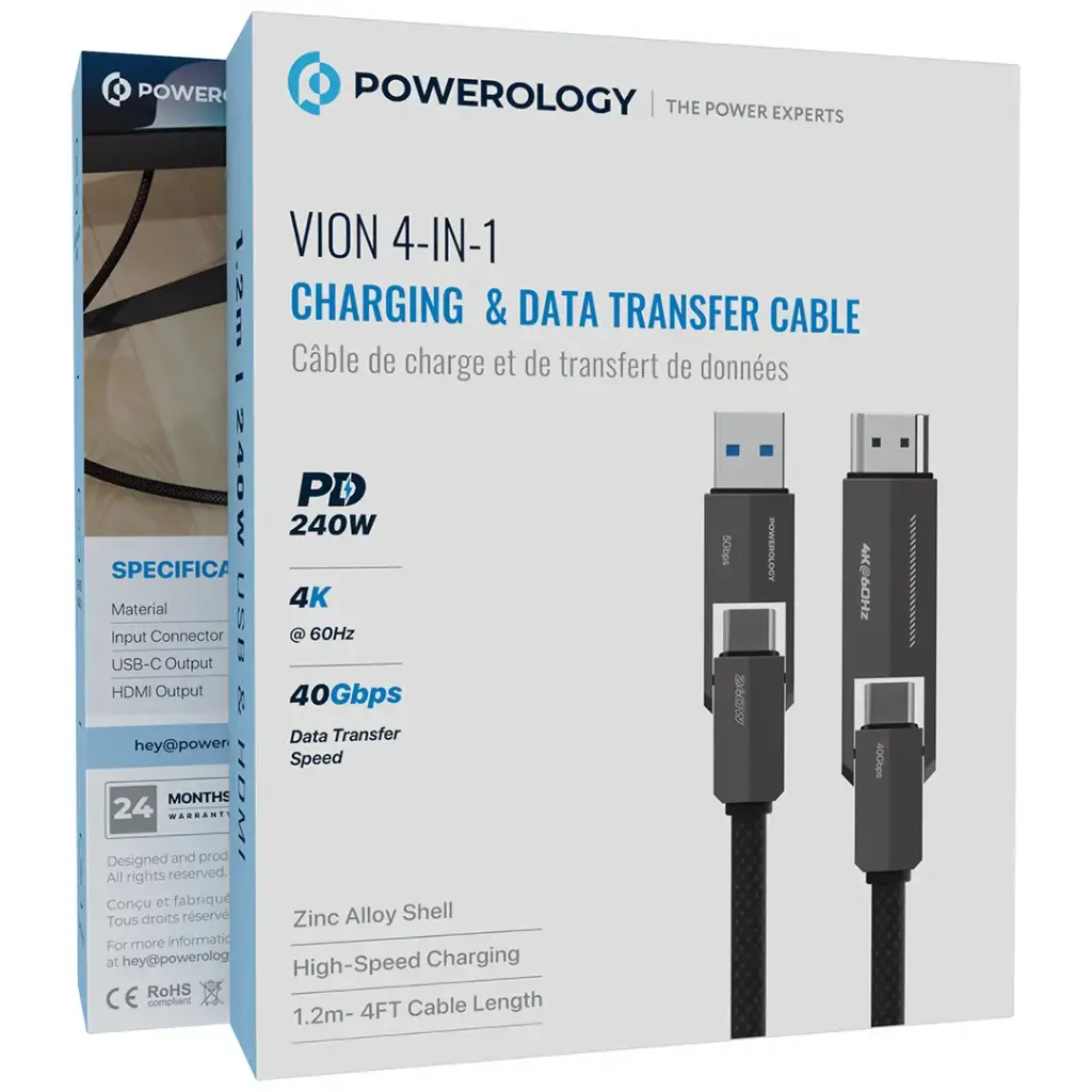 Powerology Vion كابل شحن ونقل بيانات 4 في 1 - أسود