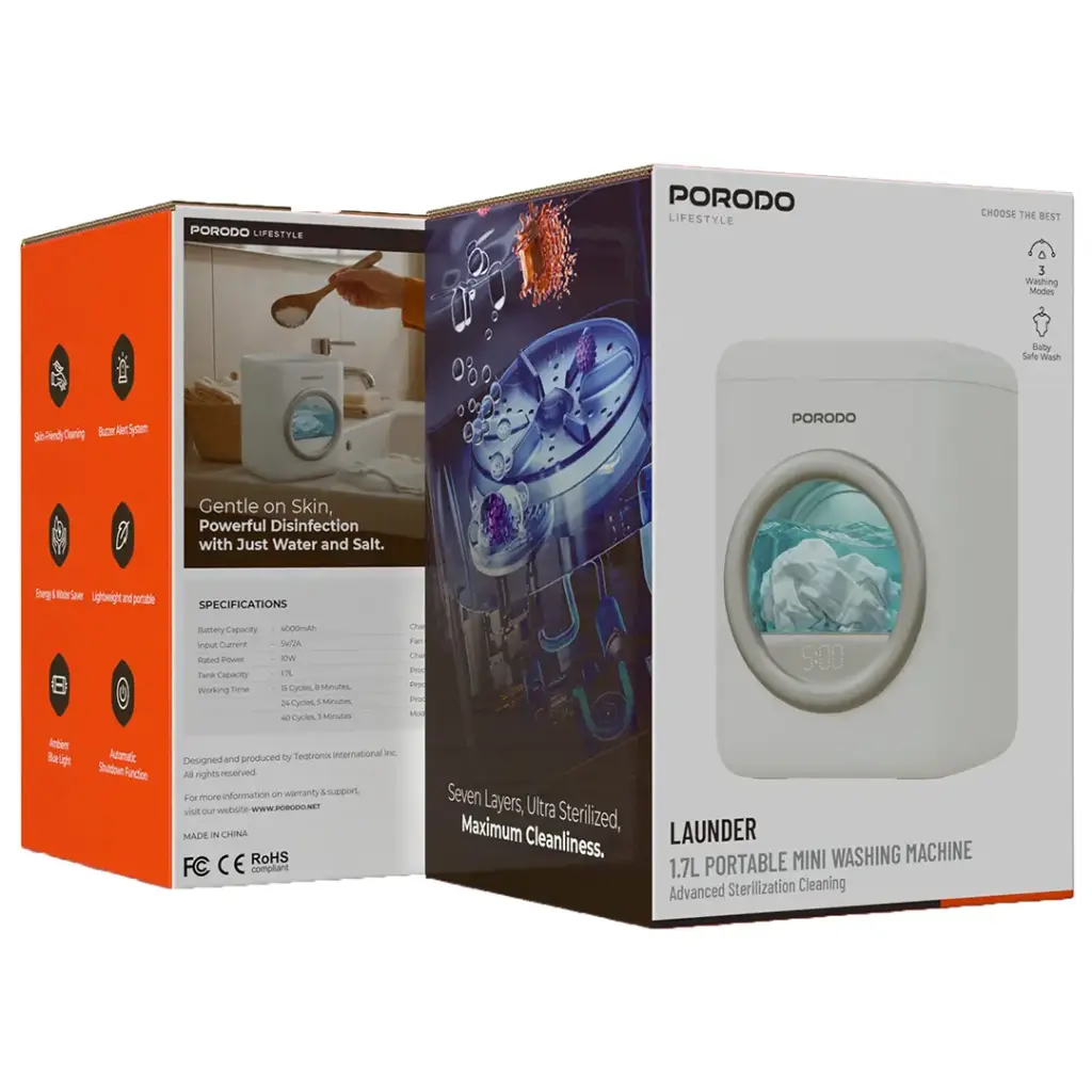 Porodo Lifestyle Launder 1.7L Portable Mini Washing Machine White