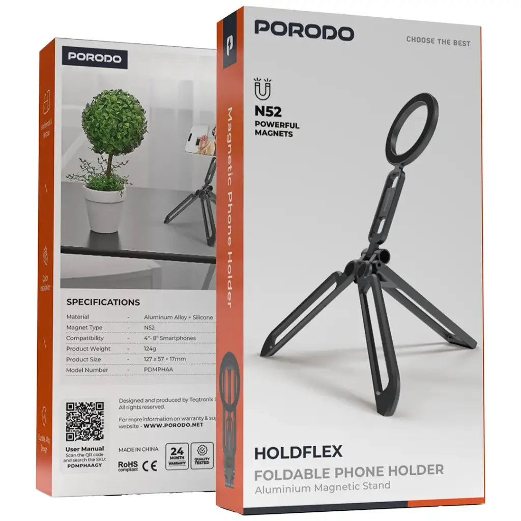 Porodo Holdflex Foldable Phone Holder with Aluminum Magnetic Stand - Gray