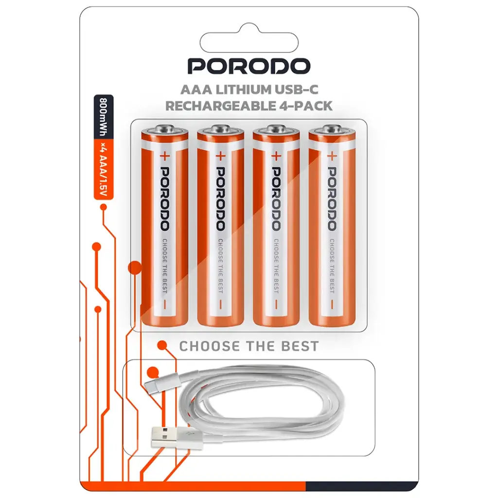 Porodo AAA Lithium USB-C Rechargeable Batteries 4-Pack - White/Orange