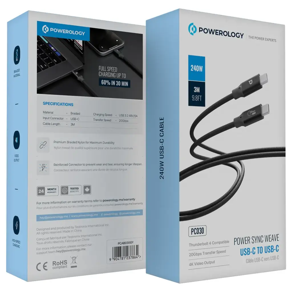 Powerology Power Sync Weave كابل 240 واط USB-C إلى USB-C بطول 3 متر - رمادي