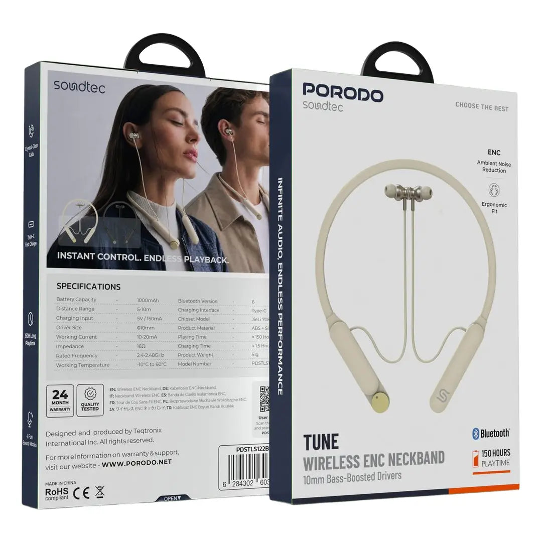Porodo Soundtec Tune سماعة رقبة لاسلكية بتقنية ENC ومشغلات 10 ملم معززة للباس - بيج
