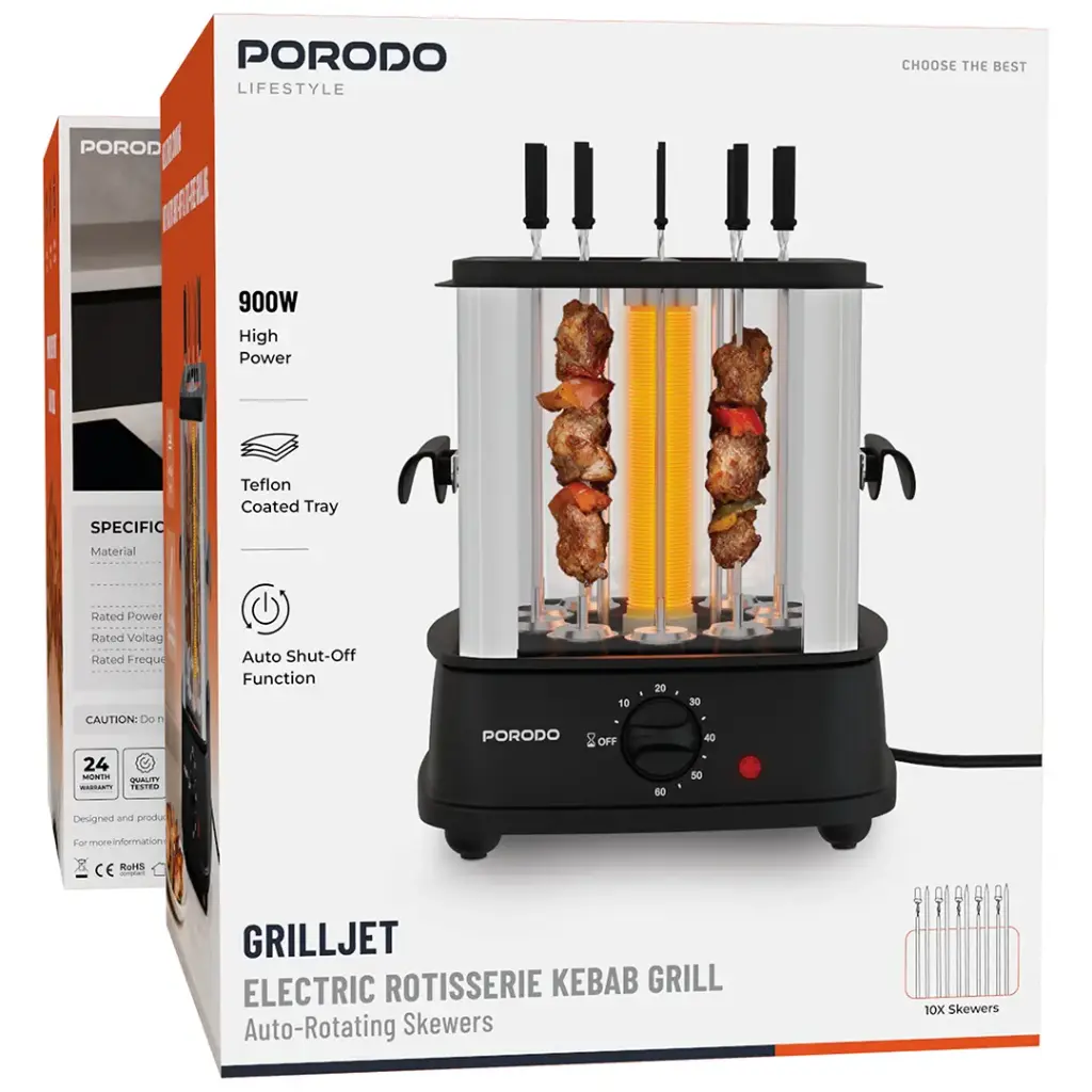 Porodo Lifestyle Grilljet Electric Rotisserie Kebab Grill with Auto-Rotating Skewers - Black
