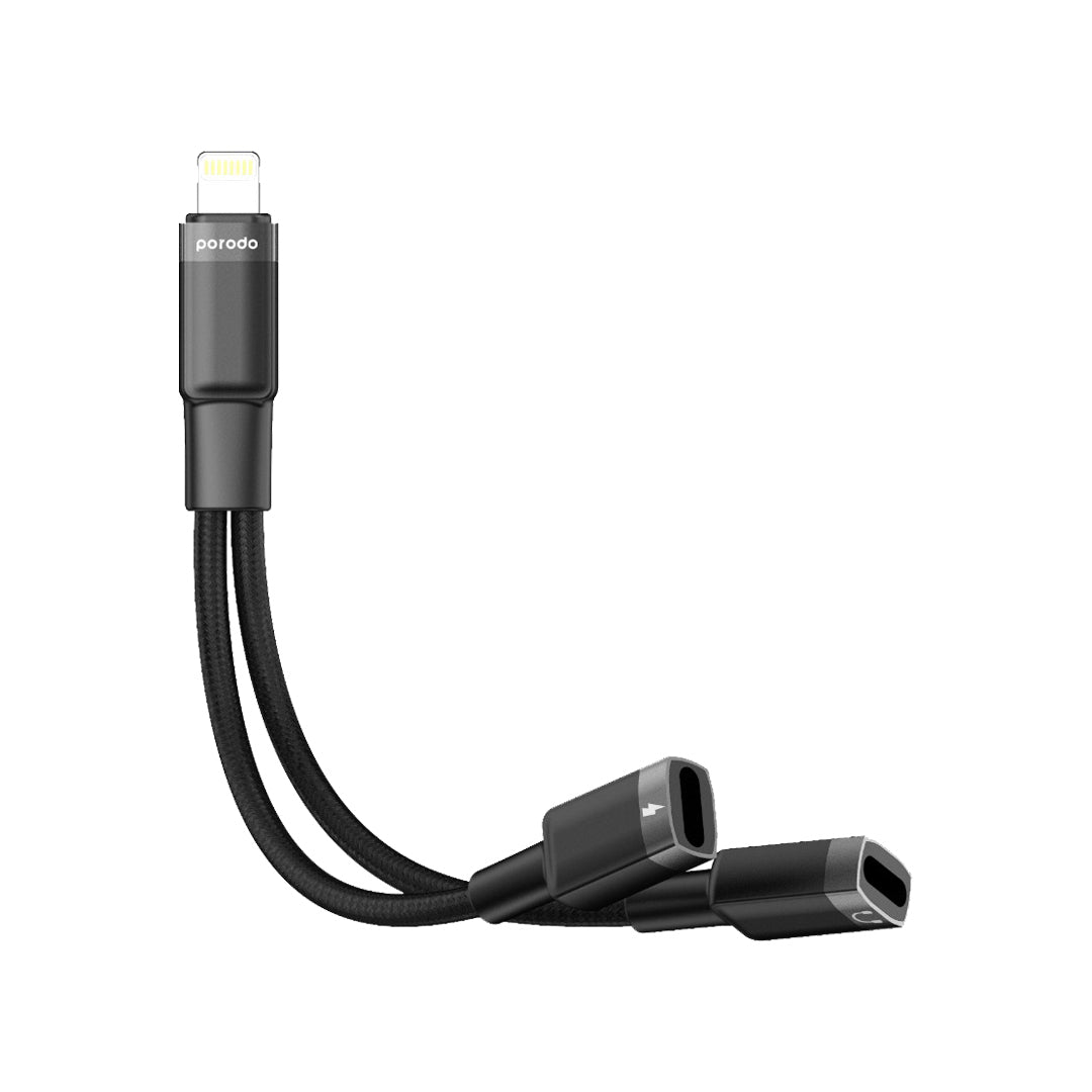 Porodo 2in1 Lightning to 2 Lightning Jack Headphone & Charging Converter Adapter - Black