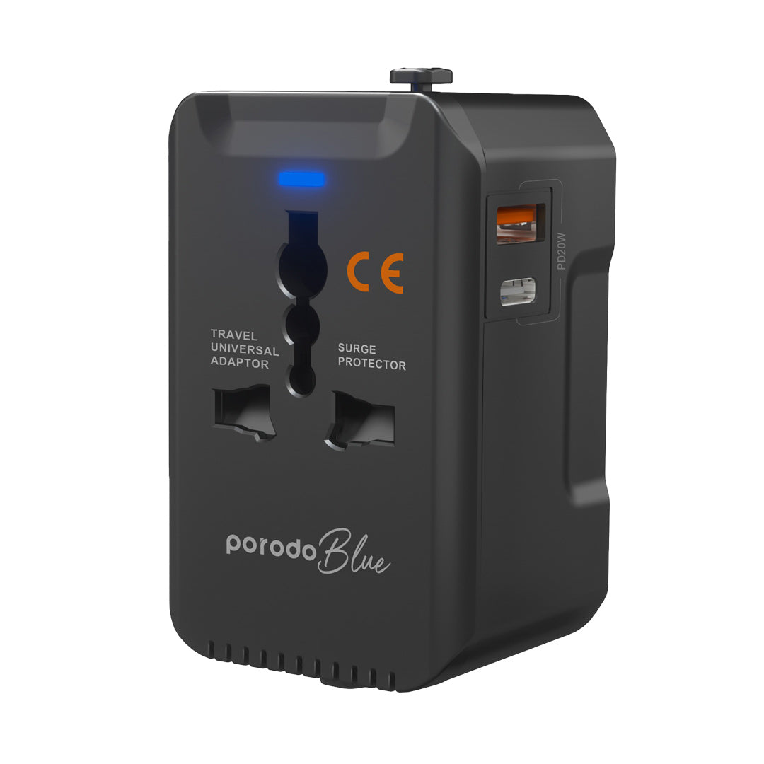 Porodo Blue 20W PD & 18W QC Dual-Port Universal Travel Adapter - Black