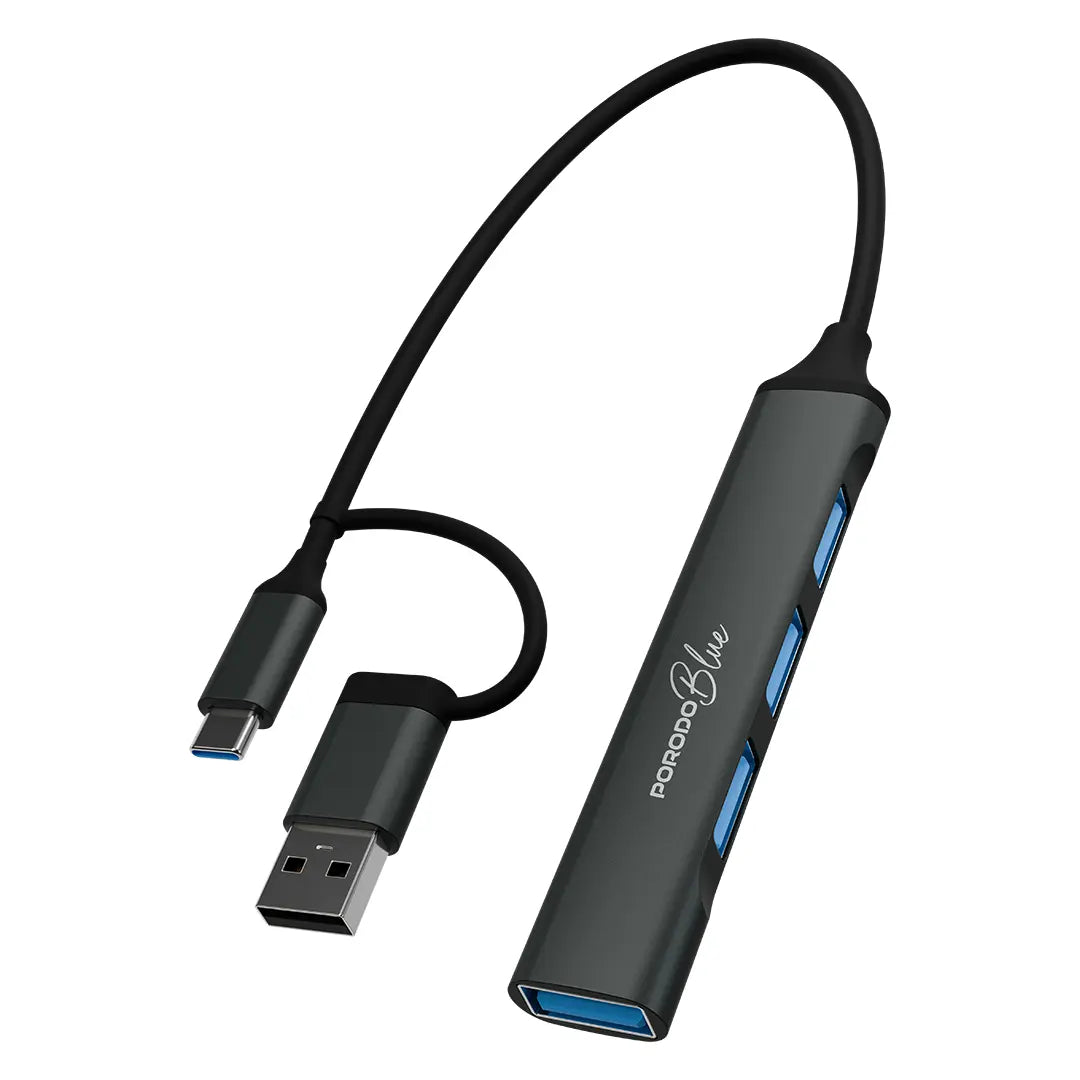 Porodo Blue 4-in-1 Multi-Port USB Hub with USB-A & USB-C Heads - Gray