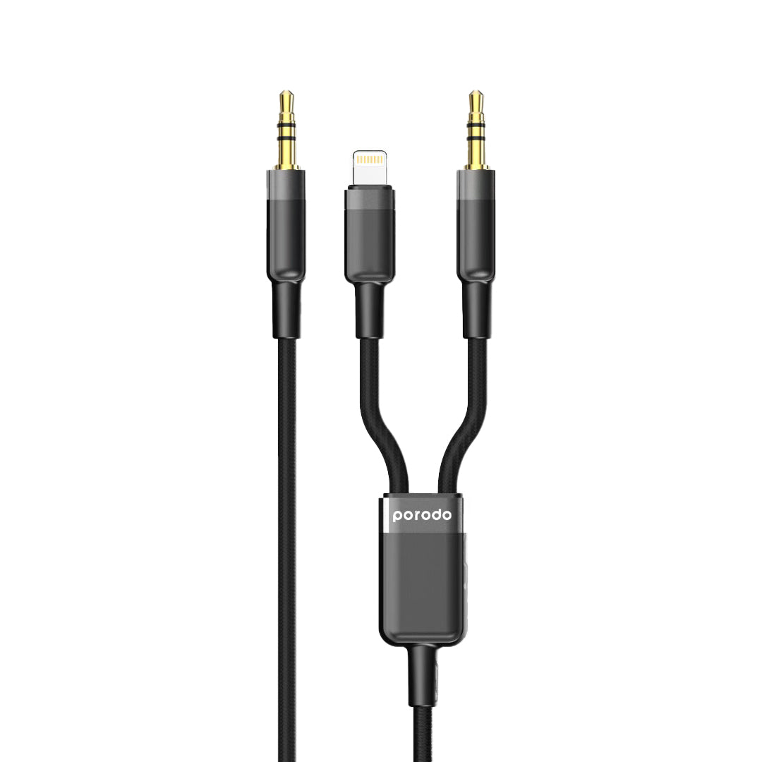 Porodo 2-in-1 Multi-Device AUX 3.5mm to 3.5mm + Lightning Cable 1.2m - Black