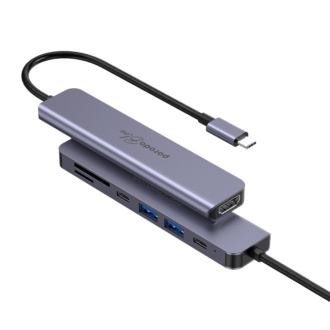 Porodo Blue 7-in-1 USB-C Hub with 4K HDMI, SD & microSD - Gray