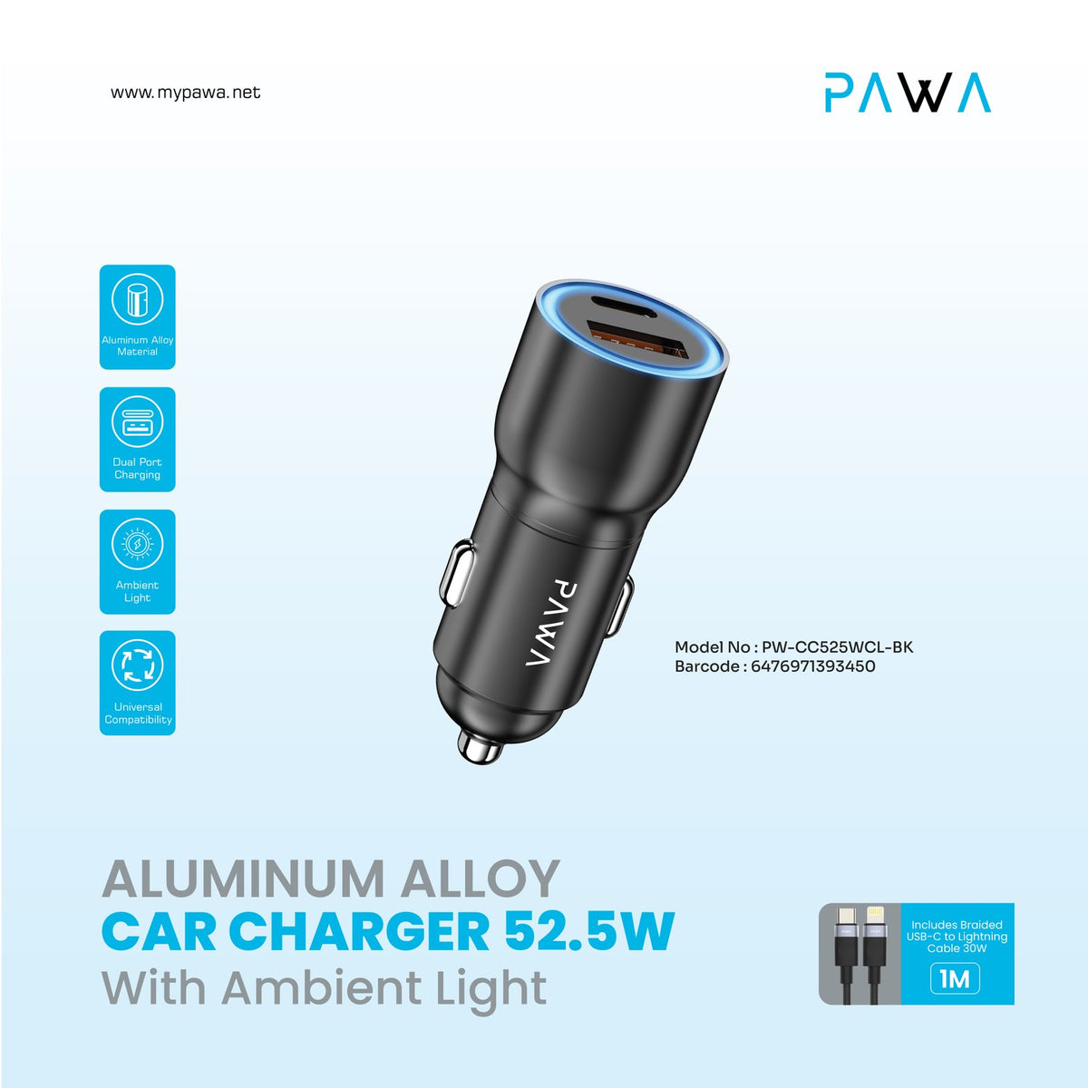 PAWA شاحن سيارة من الألمنيوم 52.5 واط مع إضاءة محيطية وكابل USB-C إلى لايتننج 30 واط - أسود