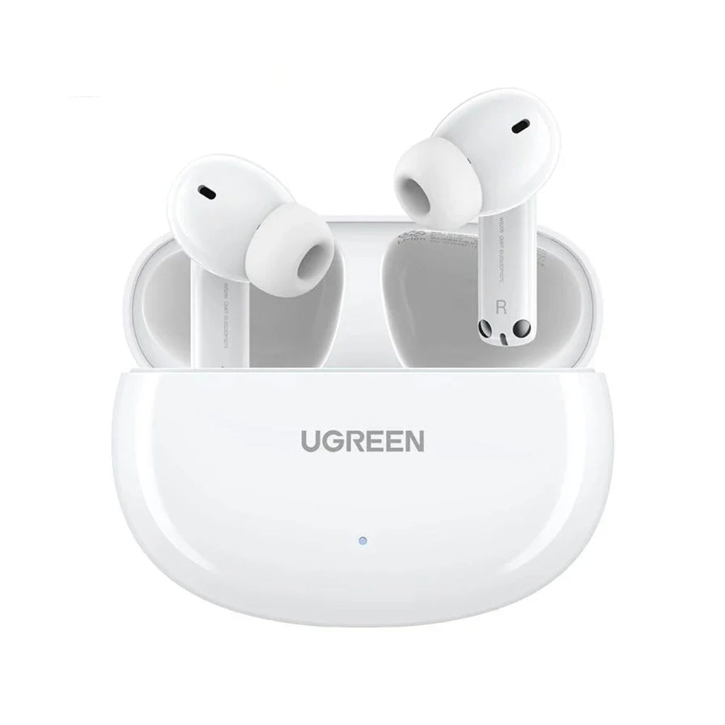 UGREEN HiTune T6 hybrid active noise-cancelling earbuds in white with charging case