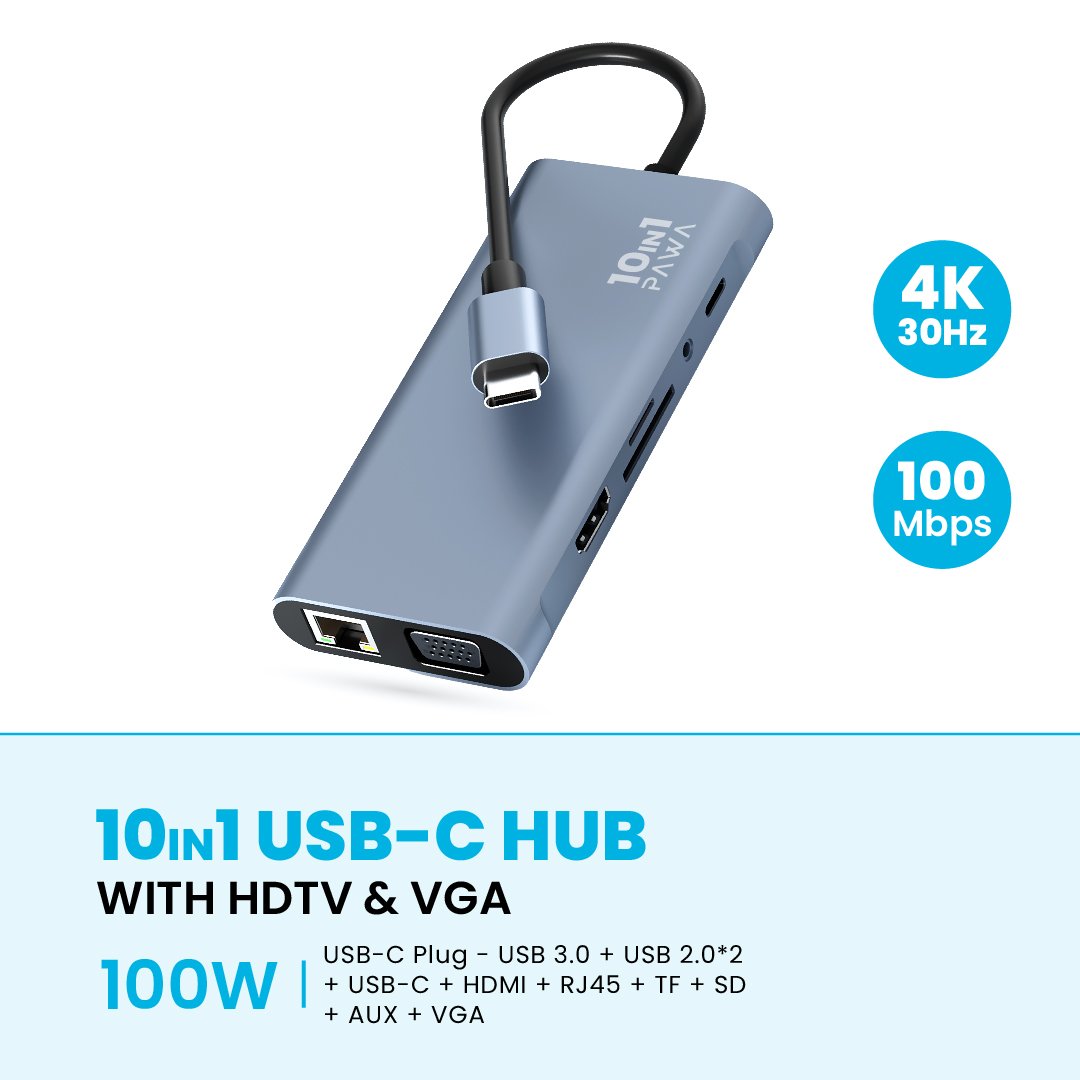 PAWA هب USB-C بـ 10 في 1 مع HDTV و VGA