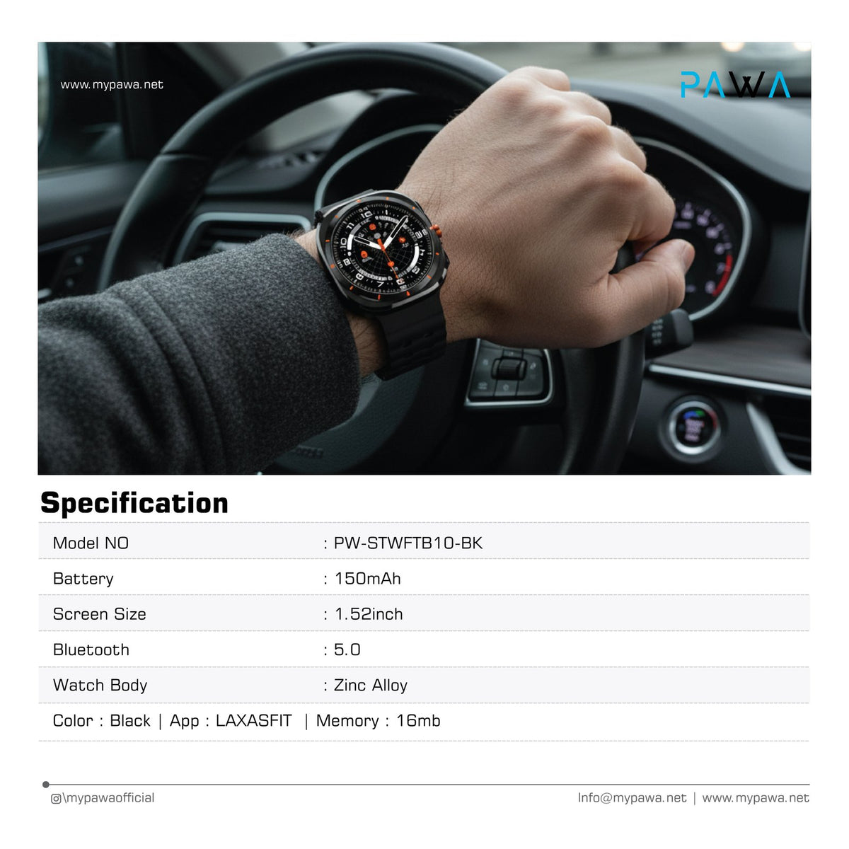 PAWA Aspire Smart Watch 1.52 Inch Display - Black