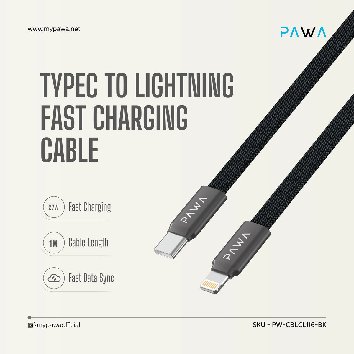 PAWA إيجنايت سينك كابل مغناطيسي مضفر Type-C إلى لايتنينغ بقوة 27 واط - أسود
