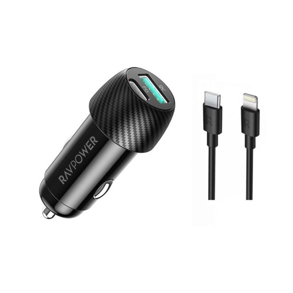 RAVPower شاحن سيارة بقوة 44 واط مع سلك بطول متر واحد، لون أسود - VC031