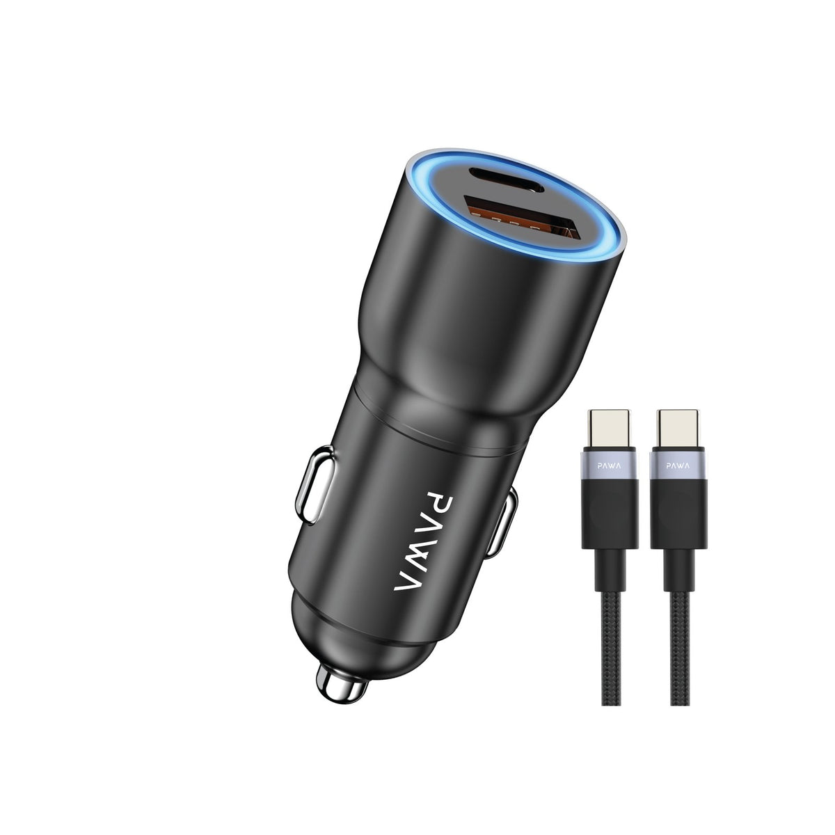 PAWA شاحن سيارة من الألمنيوم 52.5 واط مع إضاءة محيطية وكابل USB-C إلى USB-C 60 واط - أسود