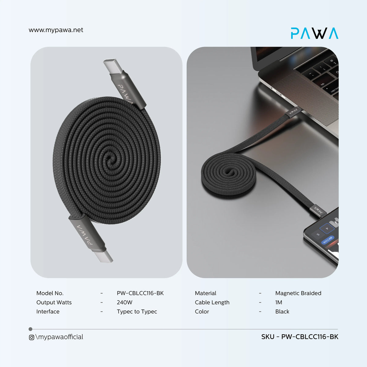 PAWA إيجنايت سينك كابل مغناطيسي مضفر Type-C إلى Type-C بقوة 240 واط - أسود