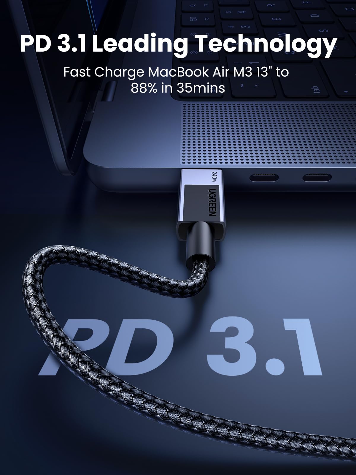 UGREEN كابل USB-C إلى USB-C بقوة 5 أمبير 240 واط مضفر بطول 1 متر أسود - US535