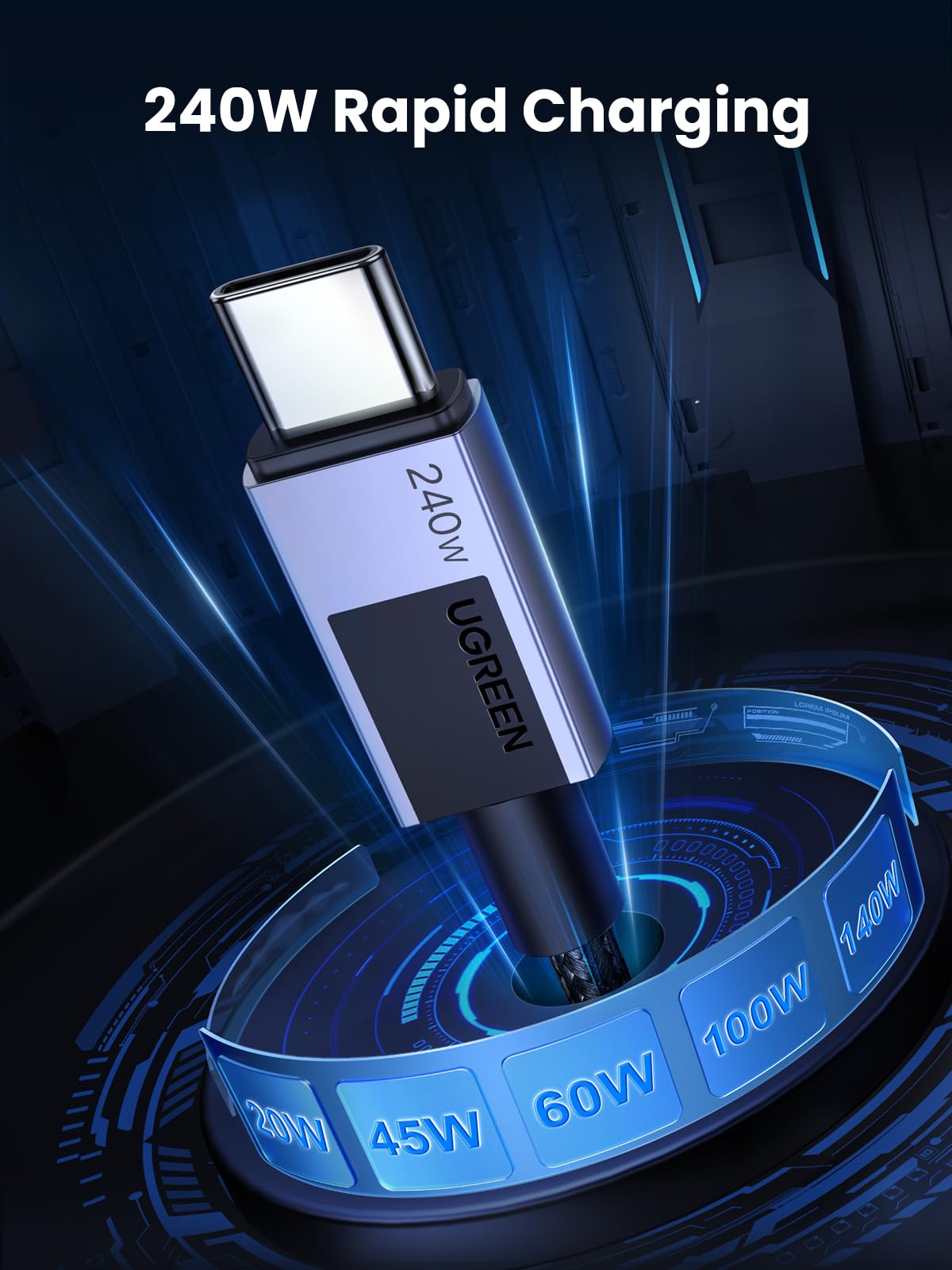 UGREEN كابل USB-C إلى USB-C بقوة 5 أمبير 240 واط مضفر بطول 1 متر أسود - US535