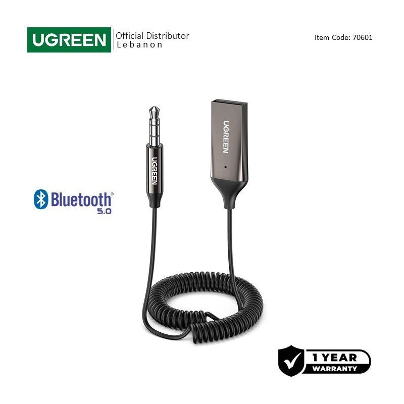 UGREEN مستقبل بلوتوث للسيارة بمنفذ AUX مع مايك - رمادي فضائي