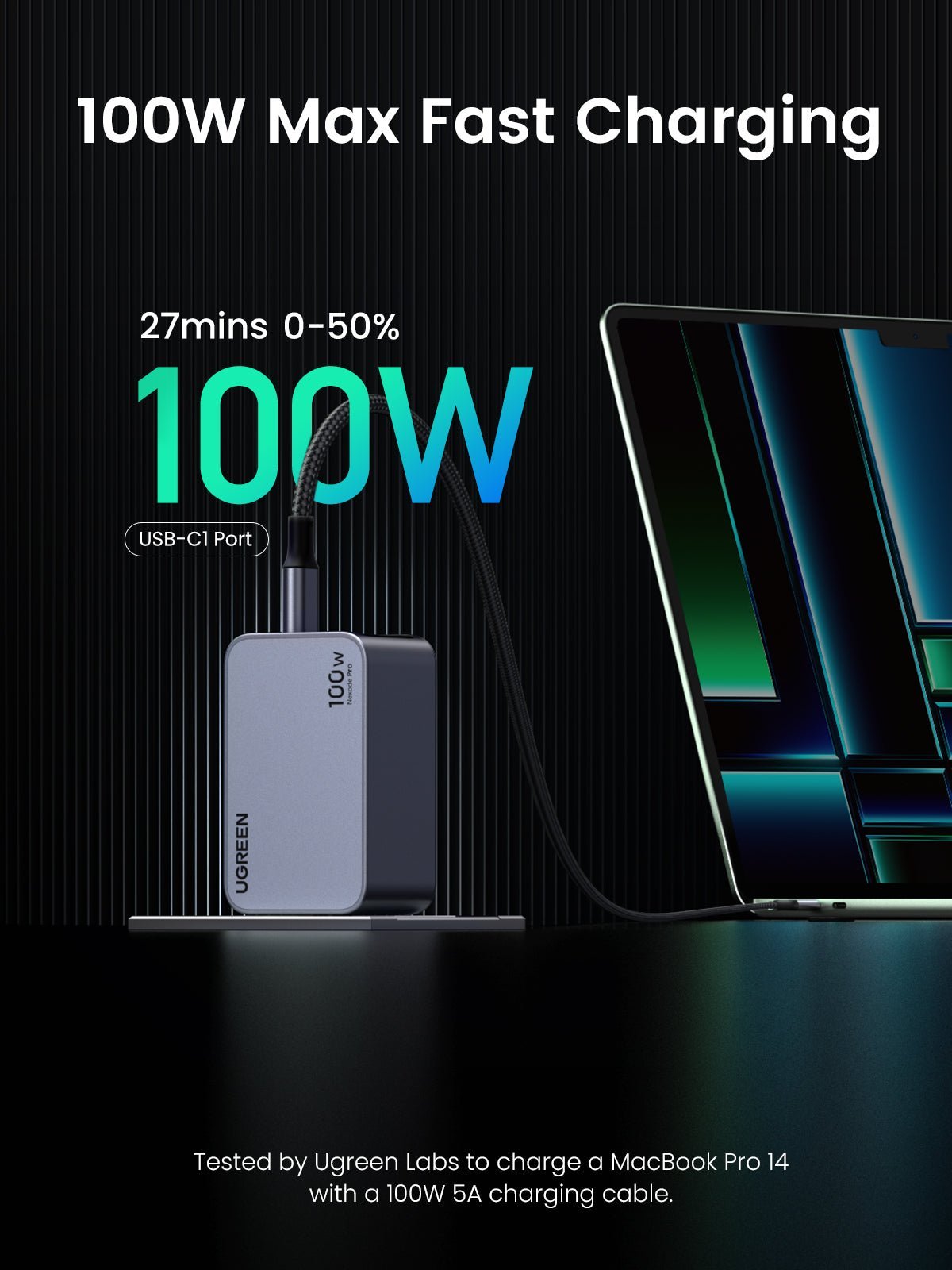 UGREEN Nexode Pro 100W charger fast charging a MacBook Pro